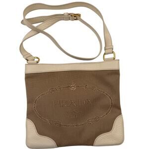 PRADA Canapa Leather Jacquard Crossbody Bag Beige White